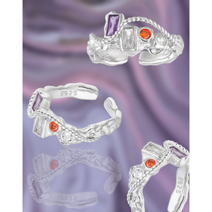 Versión Coreana de nicho dulce y fresco diseño de cadena personalizado con incrustaciones de circón colorido S925 anillo abierto de plata pura para mujer - Product Image 2
