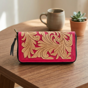 Cartera Corta de Cuero Genuino Hecha a Mano, Estilo Bohemio, con Diseño Floral, Cierre de Cremallera, Anti-Robo, para Mujer, en Varios Colores - Product Image 3