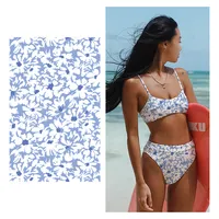 Özel dijital mavi beyaz çiçek baskı örgü kumaş polyester mikrofiber kumaş bikini mayo