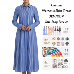 Robe chemise midi en coton personnalisée pour femmes, manches longues, robes rayées - Product Image 1