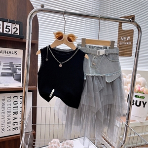 Nouvelle mode Ensemble de vêtements pour filles 2 pièces Top en tricot sans manches uni + <span class=keywords><strong>Jupe</strong></span> en <span class=keywords><strong>jean</strong></span> patchwork en <span class=keywords><strong>tulle</strong></span> Tenues pour filles - Product Image 2