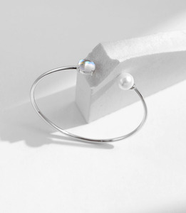 S925 <b>Silver</b> <b>Cuff</b> <b>Bracelet</b> With Freshwater Pearl And Opal Stone Minimalist Design For Women Everyday Wear - Product Image 4