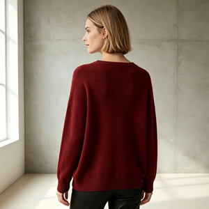 Suéter de Cachemira para Mujer, Cuello en V, Tejido de Punto Acanalado, Manga Larga, Hombros Caídos, Corte Holgado, Color Granate, Informal, para Invierno, Venta al Por Mayor OEM - Product Image 2
