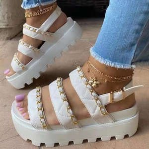 Летние римские сандалии с открытым носком, на цепочке, однотонные, на среднем каблуке, женская обувь, модные, с пряжкой - Product Image 2