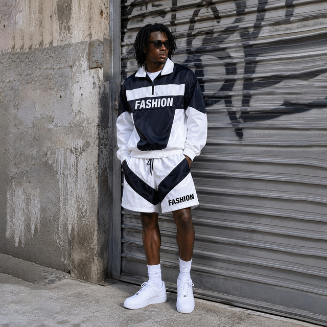 Men Streetwear Tracksuit 2 Piece Set Color Block Half Zip Windbreaker Jacket and Shorts Nylon Two Piece Windbreaker Short Set