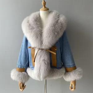 Wholesale Women Denim Jeans Style Big Natural Fur Collar Bomber Down Jacket Winter Ladies Luxury Real Fox Fur Jean Jacket