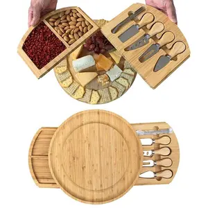 Technology Good Price Golden Supplier Bamboo Cheese Cutting Board Set with 6 Knives and 2 Forks