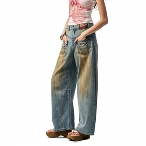 Jeans bleus pour femmes, 100% coton, tissu denim, lavage sale, denim brut, vintage, pantalon baggy, grande taille, style boyfriend, jeans pour femmes - Product Image 2