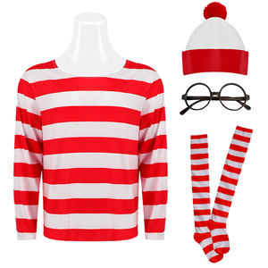 Disfraz de Waldo para Padres e Hijos, Conjunto de <span class=keywords><strong>Cosplay</strong></span> para la Semana del Libro, Camiseta a Rayas, Pantalones, Sombrero, Gafas, Kit de Dibujos Animados de Wally Waldo, Disfraz de Pareja para Halloween, TV y Cine - Product Image 1