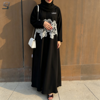Abaya noire personnalisée en dentelle avec ensemble hijab, robe longue élégante pour femmes musulmanes, vente en gros OEM