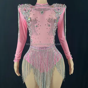 NOVANCE Y1570-C Dropshiping Product Crystal Fringe Long Sleeve Samba Latin Training Dancewear Bodysuit Pink Stage Performance