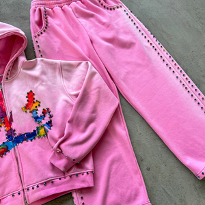 Custom Boxy Fit Oversized 100% Cotton French Terry Vintage Acid Wash Gem Decoration Zip Up Hoodie And Sweatpants Set For Men - Product Image 2
