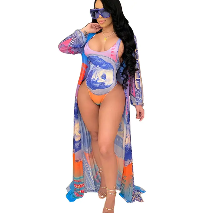 STOCK 5Colors Print Beachwear Sexi Lady XXL Two Pieces Swimsuit Beach Kimono Cover Ups