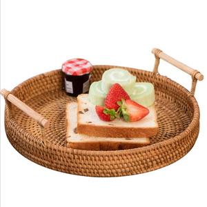 Handwoven Round Organizer Rattan Food Storage Tray with Wooden Handle