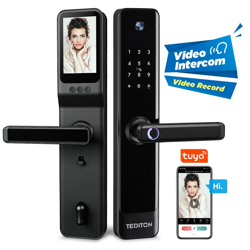 Tediton Newest Video Call Tuya App Peephole Door Lock Fingerprint Smart Camera Door Lock with Dobell