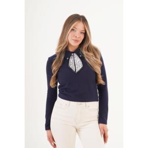 Wholesale Chic Navy Blue Blouse Ruffled <b>Scarf</b> Collar Floral Pattern Daily Fashion Casual XS XL Cotton <b>Chiffon</b> Knitted Button - Product Image 6