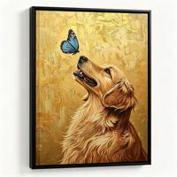 Lukisan Dinding Berbingkai Golden Retriever Kupu-kupu Biru Tekstur Emas Bingkai Hitam Matte Dekorasi Hewan Peliharaan Gaya Farmhouse