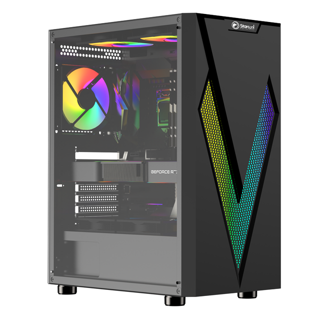 KINPOWER Custom Branded Pc Case Unique Diy Big Pc Case Black Tempered Glass Rgb Strip Pc Tower Case Gaming
