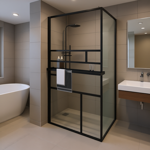 Paroi de douche en verre ESG noir et aluminium avec étagère pour salle de bain, design rectangulaire minimaliste - Product Image 2