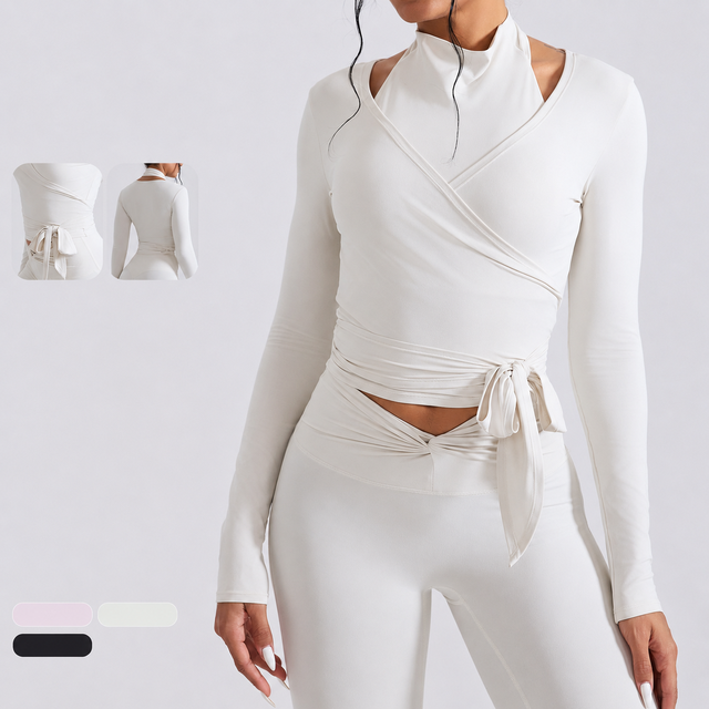 Custom Logo Yoga Long Sleeve Top Faux Two Piece Halter Neck Wrap Tie Side Fitness Shirt Women Gym Workout Wear