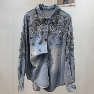 Camicia Vestito in Denim da <span class=keywords><strong>Donna</strong></span> con Paillettes Audaci e Perline a Forma di Diamante, Bottoni, Vestibilità Ampia, Stile Vintage Casual, Lunga, per la Primavera - Product Image 1