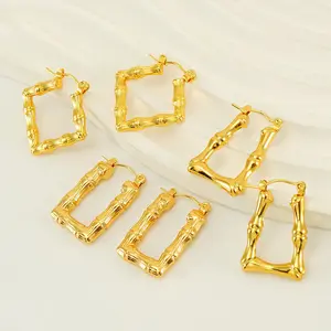 Wholesale 18k Gold Plated Bamboo Hoop Earrings Geometric U-shaped Square Stainless Steel Earrings
