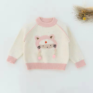 Suéteres de punto de invierno para niñas de alta calidad, estampado de orejas de gato con cuello redondo y manchas de colores, Material de algodón de talla grande - Product Image 5