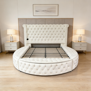 Cama Redonda Inteligente y Versátil PZCN HOME, Muebles de Dormitorio Tamaño Queen con Cabecera Acolchada y Decoraciones - Product Image 1