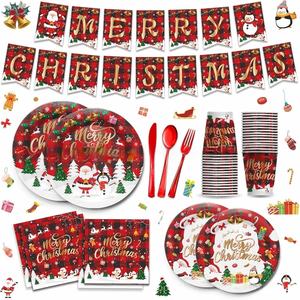 Ensemble de vaisselle jetable moderne à carreaux rouges assiettes en papier sur le thème de Noël et du nouvel an tasses écharpes - Product Image 1