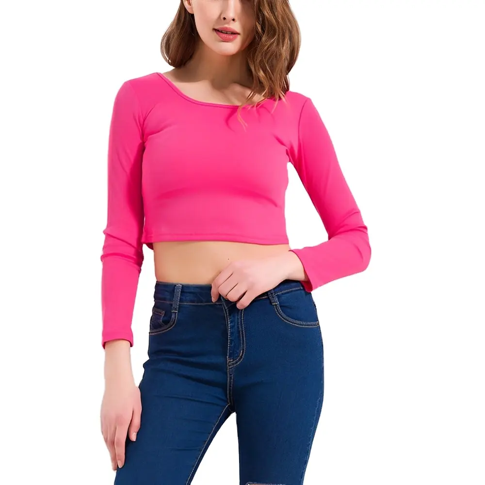 T-shirt da donna casual lavorata a maglia a maniche lunghe con ombelico ultra-corto color gelatina personalizzata
