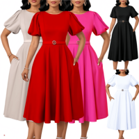 D590 Nouvelle Collection Robes de Carrière pour Femmes – Élégantes et Décontractées, Col Rond, Manches Bouffantes, Coupe Trapèze – Idéales pour le Bureau et l'Église
