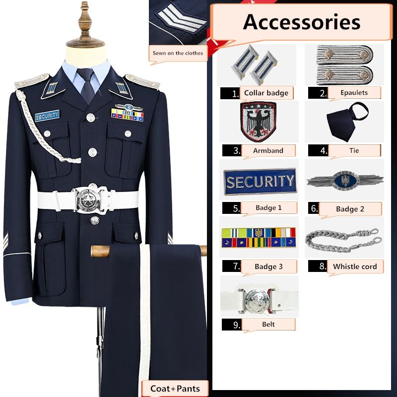 Manteau bleu foncé + pantalon + ceinture blanche + 8 accessoires