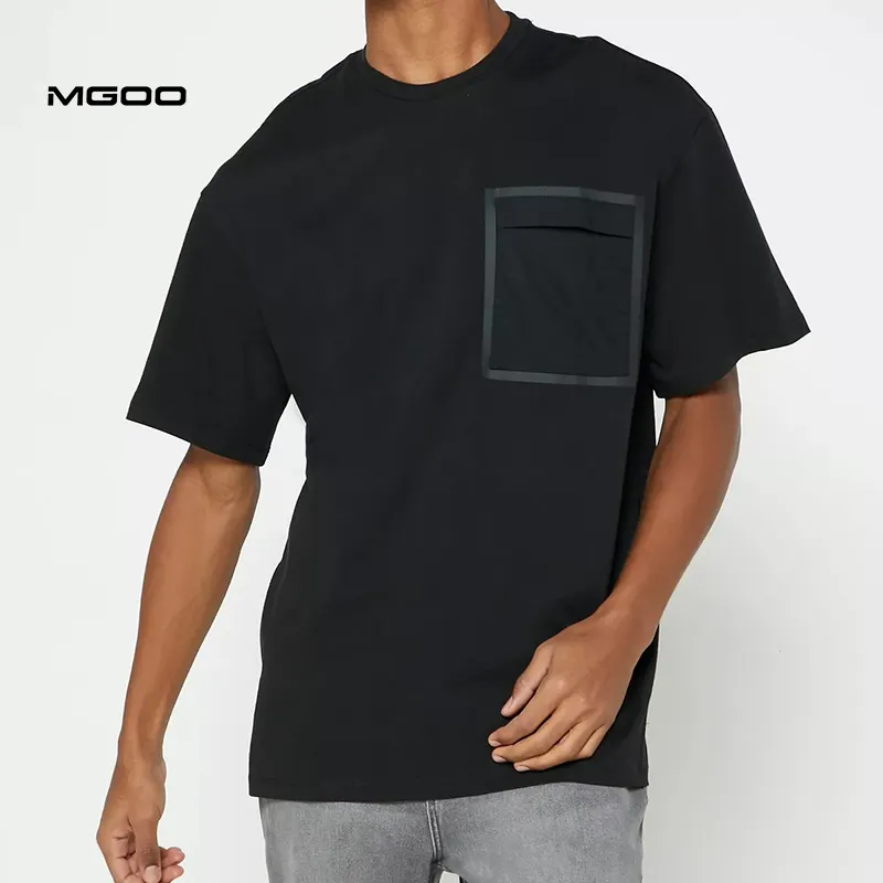 MGOO Customized Oversize Drop Shoulder Mid Weight Crew Neck Chest Pocket Black Tee For Men