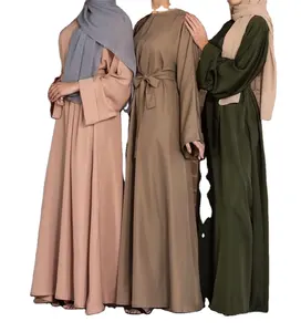 2021 Dubai latest designs solid color long sleeves Maxi Dresses malaysia muslim robe abaya women islamic clothing with belt