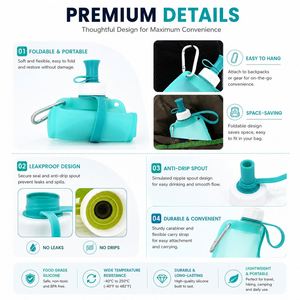 Custom Logo TPU Silicone Collapsible <b>Water</b> Bottle Foldable Sports <b>Water</b> <b>Pouch</b> Leakproof Outdoor Running Hiking Drinking Bag - Product Image 4