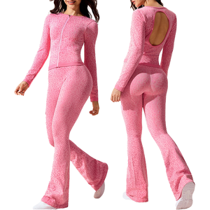 Conjunto Deportivo Ligero Sin Costuras con Estampado de Leopardo para Mujer, Chaqueta con Espalda Descubierta, Pantalones Acampanados de Cintura Alta, Ropa Deportiva Elástica para Yoga - Product Image 1