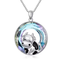 Bijoux animaux Collier pendentif vache mignon en argent sterling 925 avec cercle en cristal pour femmes