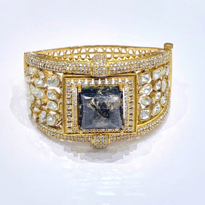 Bracelet Kundan plaqué or 01242, double pierre magique, manchette ouverte, pierre centrale carrée, pour femme, idéal mariage et soirée - Product Image 1