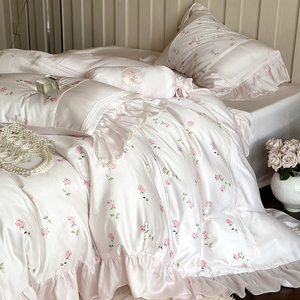 Korean French Style Floral Print <b>Bedding</b> <b>Set</b> 4 Pcs Tencel Cotton Breathable Home Use Sheet Style - Product Image 1