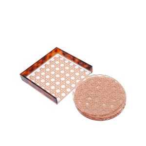 Ensemble de sous-verres créatifs rétro en acrylique imprimé rotin, épaisseur 3 mm, protection de table avec support assorti pour la décoration intérieure et les coffrets cadeaux - Product Image 3