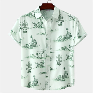 Chemise décontractée à manches courtes pour homme, imprimé vert, col rabattu, popeline, tenue d'été - Product Image 1
