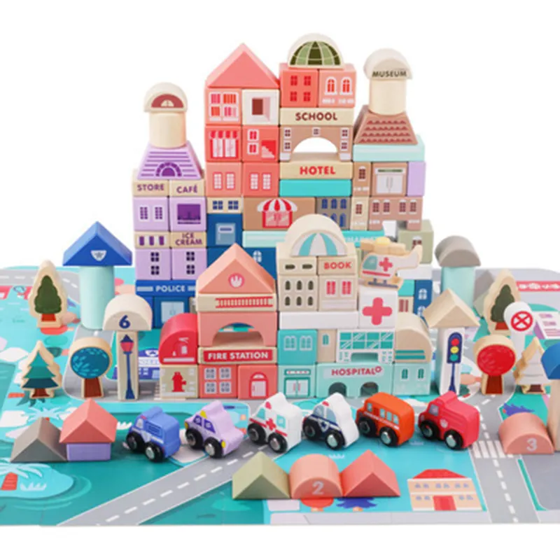 도시 빌딩 블록 115pcs 자동차와 집 벽돌 조기 교육 장난감 나무 장난감 블록 색상 상자 남여 공용 나무 캐릭터 100