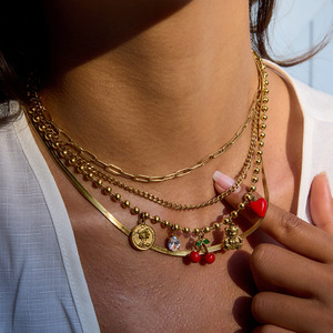 Chic Layered <b>Necklace</b> With <b>Cherry</b> Heart Coin Pendant Zinc Alloy Gold Tone Fashion Jewelry - Product Image 3