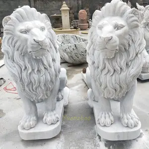 Diskon besar ukuran hidup marmer putih duduk singa patung untuk dekorasi pintu masuk