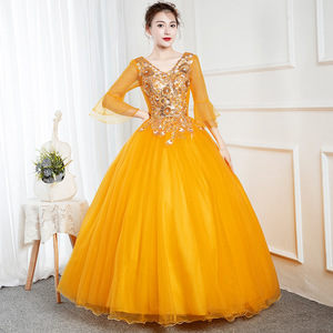 Golden Yellow Long Evening Gown With Embellished Bodice And Puffy Skirt For Women Stage <b>Performance</b> <b>Wear</b> - Product Image 4
