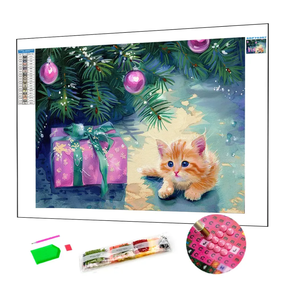 5Dダイヤモンド絵画正方形と丸いドリルキットクリスマスツリーの下の猫アート絵画動物ダイヤモンド絵画DIYキット