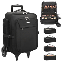 Valise à roulettes portable grande capacité pour maquilleur, en PVC et nylon, avec quatre petites pochettes zippées pour outils de coiffure