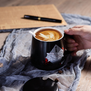 Mug en céramique émaillée de couleur unie avec couvercle et impression de lettres pour café, thé, usage domestique, cadeaux - Product Image 4