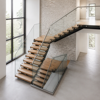 Escalier flottant commercial personnalisé, escaliers en bois, garde-corps en verre autoportant, balustrade en alliage d'aluminium pour l'intérieur de la villa
