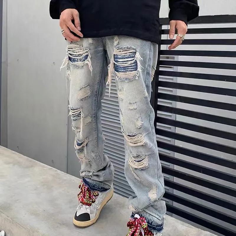 2022 new design fashion men broken hole jeans pants retro bell bottoms straight pencil pants for spring